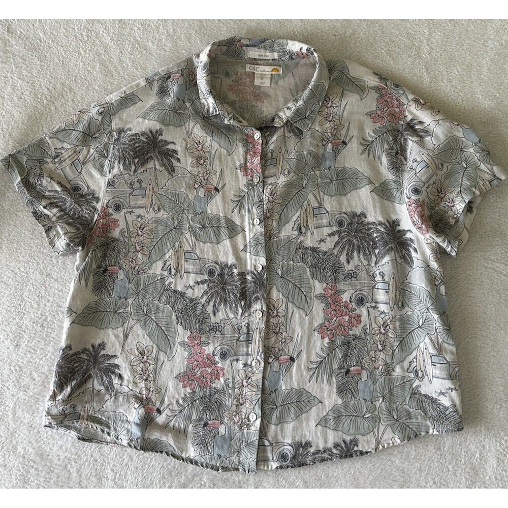 C&C California 100% Linen Top Hawaiian Tropical Cropped Boxy Beachy Size L - Picture 2 of 9